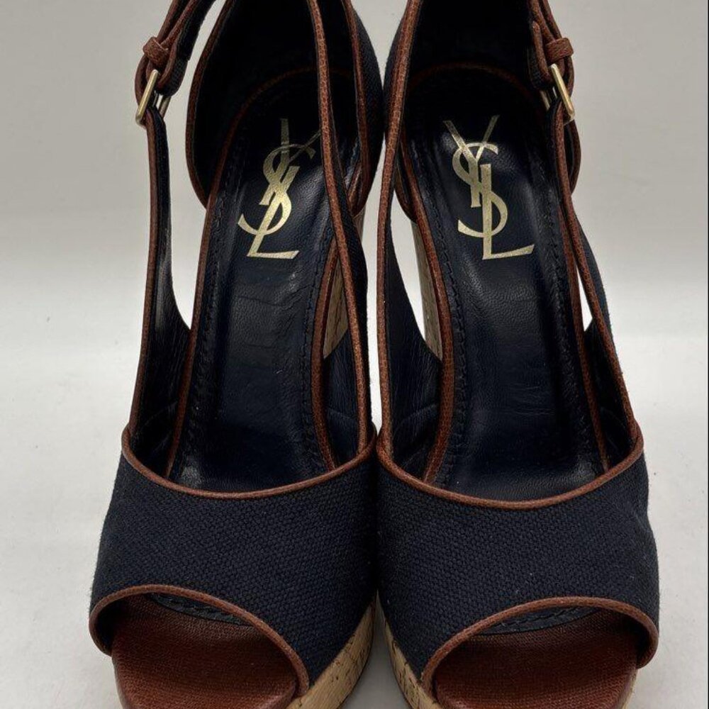 Yves Saint Laurent Navy Canvas Cork Platform Wedge Heels – Women’s Size 7